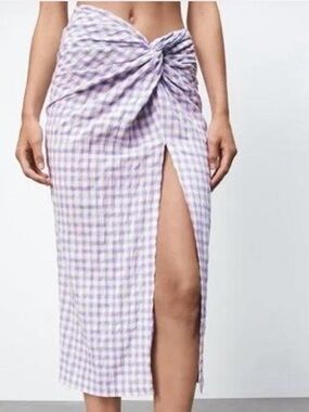 Zara Lilac Gingham Knot-Front High-Slit Midi Skirt